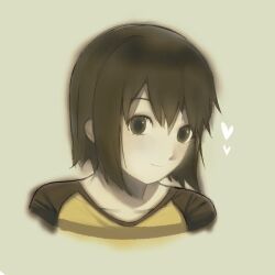  1girl almalu_(alr10_10) black_shirt bob_cut brown_background brown_eyes brown_hair close-up closed_mouth collarbone commentary cropped_torso english_commentary eyelashes hair_between_eyes heart light_blush light_smile looking_at_viewer nakahara_misaki nhk_ni_youkoso! portrait raglan_sleeves shirt short_hair smile solo t-shirt two-tone_shirt yellow_shirt 