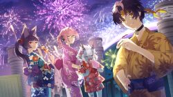  1boy 3girls aerial_fireworks animal_ear_fluff animal_ears asaba_harumasa black_hair blue_horns blue_kimono blue_oni blue_skin blue_tail choker colored_skin commentary_request eating fireworks food fox_ears fox_girl glasses hair_between_eyes hair_between_horns headband highres holding holding_fireworks holding_food hollow_(zenless_zone_zero) horns hoshimi_miyabi japanese_clothes kimono long_hair multicolored_horns multiple_girls night oni pink_hair pink_kimono pointy_ears ponytail print_kimono red_eyes red_kimono short_hair skin-covered_horns sky smile soukaku_(zenless_zone_zero) sparkler tail tsukishiro_yanagi two-tone_horns two-tone_tail white_hair yellow_eyes yellow_headband yellow_kimono yuni_(unitary_580) zenless_zone_zero 