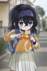  1girl aged_down backpack bag bags_under_eyes black_hair blue_archive blue_bag blue_eyes blue_hairband blush brown_halo cardigan commentary_request crime_prevention_buzzer crossed_bangs hairband halo highres long_hair looking_at_viewer low-tied_long_hair orange_cardigan pleated_skirt pulling renirum_14 sidelocks skirt solo ui_(blue_archive) white_skirt 