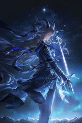  1girl animal_ears arknights artist_name aurora black_gloves blonde_hair blue_ribbon closed_eyes closed_mouth degenbrecher_(arknights) from_side gloves goat_ears goat_horns helen_zzhao highres holding holding_sword holding_weapon horns long_hair night pants ribbon sky solo standing star_(sky) suit sword very_long_hair weapon 