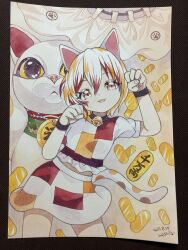  1girl :d absurdres animal_ears bell blonde_hair brown_hair brown_shirt brown_skirt cat_ears cat_girl cat_tail coin colored_skin commentary dated gold goutokuji_mike hair_between_eyes highres jingle_bell koban_(gold) maneki-neko mosho multicolored_hair multicolored_shirt multicolored_skin neck_bell paw_pose puffy_short_sleeves puffy_sleeves shirt short_hair short_sleeves signature skirt smile solo tail touhou traditional_media w white_shirt white_skirt yellow_eyes yellow_shirt 