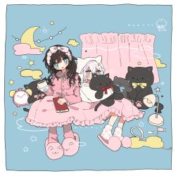  2girls :d absurdres animal_hood animal_slippers black_hair blue_background blue_eyes blush_stickers border bow_hairband bright_pupils buttons cat_hood cat_slippers commentary_request crescent_moon cup curtains desk_lamp dot_nose double-parted_bangs full_body hair_between_eyes hairband highres holding holding_cup holding_stuffed_toy hood hood_up hoodie lamp long_hair long_sleeves moon mug multiple_girls open_mouth original pajamas pink_eyes pink_hairband pink_pajamas pink_shirt pink_slippers polka_dot polka_dot_socks shirt short_hair short_shorts shorts sitting slippers smile socks star_(symbol) striped_clothes striped_hairband stuffed_animal stuffed_cat stuffed_toy uenae_chiyiro under_covers white_border white_hair white_hoodie white_pupils white_socks 