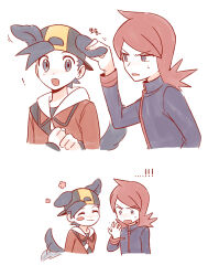  2boys afterimage animal_ears backwards_hat black_hair black_shirt blush_stickers chueog commentary_request cowlick dog_boy dog_ears dog_tail ethan_(pokemon) flower_symbol hand_up hat highres holding_another's_ear jacket korean_commentary long_hair long_sleeves male_focus multiple_boys open_mouth pokemon pokemon_heartgold_and_soulsilver red_hair red_jacket shirt short_hair silver_(pokemon) single_blush_sticker sweatdrop tail tail_wagging white_background 