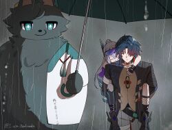  1boy 1girl animalization artist_name black_fur blade_(honkai:_star_rail) blue_hair bright_pupils buckle carrying closed_eyes commentary_request dan_heng_(honkai:_star_rail) dan_heng_(woof_woof_dan)_(honkai:_star_rail) drill_hair eyewear_on_head fishnets gradient-tinted_eyewear gradient_hair green_eyes grey_hair hair_over_one_eye holding holding_umbrella honkai:_star_rail honkai_(series) jacket long_hair looking_at_another multicolored_hair open_clothes parody piggyback pointy_ears rain shike_(i_am_morafeti) silver_wolf_(honkai:_star_rail) silver_wolf_(lv.999)_(honkai:_star_rail) tassel tinted_eyewear tonari_no_totoro umbrella 