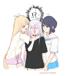  !? 3girls ^_^ alternate_universe black_choker black_shirt blue_skirt blush cho_kaguya-hime! choker closed_eyes colored_inner_hair commentary cropped_legs english_commentary english_text fang green_eyes hinagi_(fox_priest) holding_hands kaguya_(cho_kaguya-hime!) long_shirt looking_at_another multicolored_hair multiple_girls pink_hair pink_shorts red_eyes runami_yachiyo sailor_collar sakayori_iroha shirt short_sleeves shorts simple_background skin_fang skirt sweat two-tone_hair white_background white_hair white_shirt yuri 