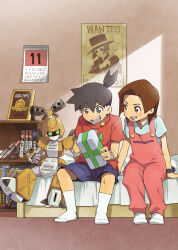  1boy 1girl amazake_arika bed bedroom black_hair blue_eyes blue_shorts book box brown_eyes brown_hair calendar_(object) commentary_request day gift gift_box gold_medal green_eyes green_ribbon highres holding holding_box holding_gift humanoid_robot indoors kaitou_retort looking_at_another medal medarot medarot_2 medium_hair metabee no_shoes on_bed overalls picture_frame pink_overalls ponytail poster_(object) red_shirt ribbon robot shelf shirt short_ponytail short_sleeves shorts sitting socks sunlight tenryou_ikki tyuga wanted_poster watch watch white_hair white_socks 