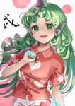  1girl blush buttons chinese_zodiac cloud_print collared_shirt curly_hair fingernails green_eyes green_hair green_nails horns kariyushi_shirt komano_aunn long_hair nail_polish open_mouth red_shirt shironeko_yuuki shirt short_sleeves shorts single_horn smile solo touhou upper_body white_shorts 