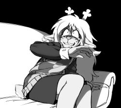  1girl animal_ears antlers checkered_sweater_vest chronocrump commentary couch deer_antlers deer_ears deer_girl deer_tail deltarune english_commentary furry furry_female greyscale highres horns long_hair long_sleeves monochrome noelle_holiday on_couch sitting skirt solo tail tears utdr_(toby_fox) weird_route_(deltarune) 