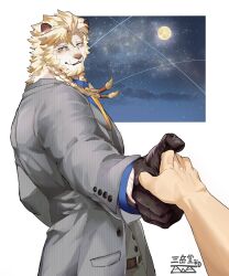  1boy animal_ears artist_logo artist_name astosis_(live_a_hero) blue_shirt blush braid brown_gloves commentary_request disembodied_hand from_behind full_moon furry furry_male gloves grey_pants grey_suit highres holding_hands lion_boy lion_ears lion_mane live_a_hero logo looking_at_viewer looking_back male_focus mitakedo_(sangakudou_3) moon necktie night pants parted_lips pinstripe_pants pinstripe_pattern pinstripe_suit shirt star_(sky) suit twin_braids yellow_necktie 