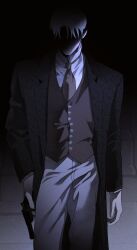  1boy black_coat coat commentary_request faceless grey_hair grey_necktie grey_pants gun highres holding holding_gun holding_weapon ian_(witch's_island) korean_commentary male_focus necktie pants ppotatornado shaded_face short_hair solo spoilers weapon witch's_island 