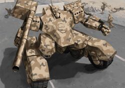  2boys ammunition_box body_armor box camouflage caterpillar_tracks commentary_request desert_camouflage gun highres highway holding holding_box holding_gun holding_rocket_launcher holding_weapon machine_gun mecha mecha_focus military missile_pod multiple_boys original over_shoulder radio_antenna road robot rocket_launcher science_fiction soldier tank_turret tyokugekidato weapon weapon_over_shoulder 