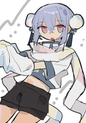  1girl :o absurdres arm_warmers black_shorts blue_hair bright_pupils bun_cover commentary_request cowboy_shot crop_top cropped_shirt double-parted_bangs double_bun hair_between_eyes hair_bun highres looking_at_viewer midriff navel open_mouth original pink_eyes scarf shirt short_hair short_shorts short_sleeves shorts simple_background solo uenae_chiyiro white_arm_warmers white_background white_pupils white_scarf white_shirt 