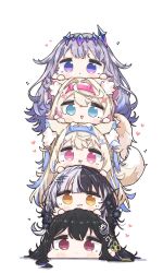  5girls animal_ear_fluff animal_ears asymmetrical_horns bandaid bandaid_hair_ornament black_hair black_horns blonde_hair blue_eyes blue_hair blue_hairband blush_stickers chibi chibi_only circlet closed_mouth colored_inner_animal_ears colored_inner_hair commentary_request crossed_bangs demon_horns dog_ears dog_girl dog_tail expressionless fake_horns flower fuwawa_abyssgard fuwawa_abyssgard_(1st_costume) grey_hair hair_between_eyes hair_flaps hair_ornament hairband heart highres holoadvent hololive hololive_english horn_flower horn_hairband horns koseki_bijou koseki_bijou_(1st_costume) long_hair looking_at_viewer mococo_abyssgard mococo_abyssgard_(1st_costume) multicolored_hair multiple_girls nerissa_ravencroft nerissa_ravencroft_(1st_costume) no_nose no_pupils open_mouth pink_eyes pink_hair pink_hairband purple_hair red_eyes shiori_novella shiori_novella_(1st_costume) siblings simple_background sisters smile smug split-color_hair stacking streaked_hair suzunoki_t tail twins two-tone_hair uneven_horns very_long_hair violet_eyes white_background yellow_eyes 