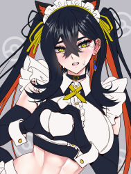  1girl black_gloves black_hair blush breasts carmine_(pokemon) colored_inner_hair commentary_request crop_top crossed_bangs enmaided eyelashes frills gloves hair_between_eyes hairband heart heart_hands highres long_hair looking_at_viewer maid maid_headdress maximum_pamyu mole mole_under_eye multicolored_hair open_mouth pokemon pokemon_scarlet_and_violet red_hair sleeveless sweatdrop twintails two-tone_hair upper_body wrist_cuffs yellow_eyes yellow_hairband 
