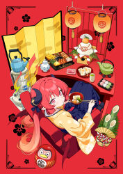  1girl aka_ringo armchair bamboo bento blue_archive braid chair chopsticks commentary_request cup dango daruma_doll demon_wings eating egasumi folding_screen food green_tea hakama halo highres holding holding_chopsticks horns japanese_clothes junko_(blue_archive) junko_(new_year)_(blue_archive) kadomatsu kagami_mochi kerosene_heater kettle lantern long_hair looking_at_viewer looking_back on_chair paper_lantern pointy_ears red_background red_eyes red_hair sanbou sanshoku_dango sitting slit_pupils solo tea teapot tofu wagashi wings yunomi 