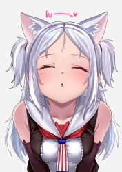  1girl american_flag_neckwear animal_ears azur_lane bare_shoulders between_breasts black_gloves black_vest blush breasts cat_ears cat_girl closed_eyes clothes_between_breasts commentary_request dedorudy dress elbow_gloves facing_viewer gloves highres imminent_kiss long_hair necktie necktie_between_breasts open_clothes open_mouth open_vest sims_(azur_lane) sleeveless sleeveless_dress solo unzipped upper_body v_arms very_long_hair vest white_dress white_hair 