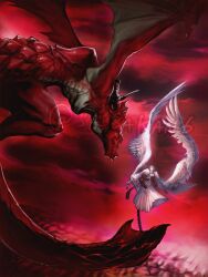  1boy 1girl angel_(drag-on_dragoon) angel_wings boss_fight brother_and_sister caim_(drag-on_dragoon) clouds commentary_request drag-on_dragoon drag-on_dragoon_1 dragon dress flying furiae furiae_(seeds_of_destruction) highres holding holding_sword holding_weapon night outdoors red_sky sa_bakan6 siblings sky spoilers sword weapon white_dress wings 