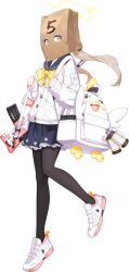  1girl assault_rifle backpack bag bag_over_head black_pantyhose blonde_hair blue_archive blue_sailor_collar blue_skirt bow bowtie bullpup buttons cardigan clenched_hands covered_face detached_magazine_(weapon) explosive frilled_skirt frills full_body game_asset grenade gun gun_sling halo hands_up hifumi_(blue_archive) highres holding_strap hwansang knees_together_feet_apart l85 large_variant_set leg_up long_hair looking_at_viewer miniskirt official_art pantyhose paper_bag peroro_(blue_archive) pink_trim pleated_skirt pocket rifle sailor_collar school_uniform serafuku shoes simple_background skirt sneakers solo standing standing_on_one_leg tachi-e third-party_source transparent_background twintails variant_set weapon white_cardigan white_shoes yellow_bow yellow_bowtie yellow_eyes yellow_halo 
