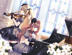  2girls assault_lily beret black_thighhighs brown_hair commentary_request flower gothic_lolita hat heterochromia instrument kaede_johan_nouvel kuo_shenlin lolita_fashion mizuha_(dreamchild_0504) multiple_girls petals piano playing_instrument playing_piano smile thigh-highs violin white_flower window 