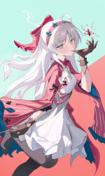  1girl absurdres ahoge biting biting_glove black_gloves black_pantyhose black_shoes bow bowtie carlotta_(wuthering_waves) chinese_commentary collared_jacket commentary_request cropped_jacket dress fengshengruyu floating floating_object foot_out_of_frame frilled_bracelet from_side gloves green_background grey_eyes hair_bow hairband half_updo high_heels highres jacket long_hair looking_at_viewer looking_to_the_side orange_background pantyhose red_bow red_hairband red_jacket shoes simple_background smile solo two-tone_background very_long_hair white_bow white_bowtie white_dress white_hair wide_sleeves wuthering_waves 