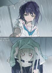  2girls absurdres black_hair black_shirt blonde_hair blush cho_kaguya-hime! commentary_request green_eyes highres improvised_umbrella kaguya_(cho_kaguya-hime!) long_hair medium_hair mole mole_under_eye multiple_girls offering_umbrella rain sakayori_iroha school_uniform serafuku shirt t0nys white_shirt 