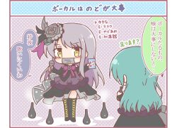  2girls bang_dream! bang_dream!_girls_band_party! black_boots black_dress black_sleeves boots bow brown_eyes commentary_request detached_sleeves dress flower green_hair grey_background grey_flower grey_hair grey_rose hair_flower hair_ornament hikawa_sayo holding holding_microphone lace-up_boots long_hair long_sleeves mask microphone minato_yukina mitarashi_neko mouth_mask multiple_girls polka_dot polka_dot_background purple_bow rose shadow sleeveless sleeveless_dress sleeves_past_wrists surgical_mask thigh_boots translation_request very_long_hair 