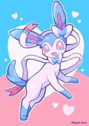  alternate_color blue_background blue_eyes blush_stickers commentary fang heart highres multicolored_eyes no_humans pink_background pink_eyes pokemon pokemon_(creature) pokemon_focus shiny_pokemon signal_furry smile sylveon twitter_username two-tone_background two-tone_eyes untranslatable_commentary 