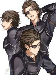 1boy arm_behind_head armor artist_name black_armor brown_eyes brown_hair commentary_request eyepatch fire_emblem fire_emblem:_path_of_radiance haar_(fire_emblem) hashiko_(neleven) highres male_focus multiple_views short_hair simple_background teeth upper_teeth_only white_background 