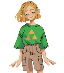  1girl alternate_costume blonde_hair blush brown_shorts casual closed_eyes closed_mouth commentary cowboy_shot english_commentary eyelashes green_shirt high-waist_shorts highres pointy_ears princess_zelda shirt short_hair shorts simple_background smile solo spacegarbage the_legend_of_zelda the_legend_of_zelda:_tears_of_the_kingdom thick_eyebrows triforce_print white_background 