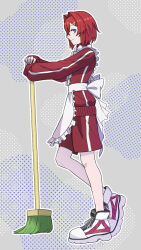 1girl alternate_costume ameiro_tamanegi ange_katrina ankle_boots apron ben-day_dots blue_eyes boots broom closed_mouth commentary_request frilled_apron frills from_side full_body gradient_eyes grey_background hair_intakes hair_ornament hands_up holding holding_broom jacket jersey_maid long_bangs looking_at_viewer looking_to_the_side maid maid_apron medium_hair multicolored_eyes nijisanji outline own_hands_together profile red_hair red_jacket red_shorts red_track_suit screentones shorts sleeves_past_wrists smile solo standing track_jacket track_suit triangle_hair_ornament unconventional_maid violet_eyes virtual_youtuber white_apron white_boots white_outline 