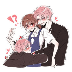  !? 1girl 2boys antenna_hair apron arm_around_another's_waist arms_around_another's_waist arrow_(symbol) arrow_print bags_under_eyes behind_another black_eyes black_hoodie black_shirt blue_apron blush boy_sandwich brown_eyes brown_hair clinging collared_shirt commentary_request cropped_torso dot_nose dress_shirt dual_persona ear_blush earrings eyes_visible_through_hair flustered frifri1213 front-to-back fukuhara_tamon gold_earrings hair_between_eyes half-closed_eyes hand_up heart height_difference hetero highres holding_another's_wrist hood hood_down hoodie hug jewelry kinoshita_utage korean_commentary long_sleeves loose_hair_strand low_ponytail mole mole_on_cheek mole_under_eye multiple_boys mushroom mushroom_on_head narrowed_eyes necktie nose_blush open_mouth parted_bangs parted_lips pink_hair polo_shirt ponytail print_apron raised_inner_eyebrows sandwiched seductive_smile shirt short_hair short_ponytail short_sleeves side_part simple_background single_tear smile tamon-kun_ima_docchi v-shaped_eyebrows violet_eyes waist_hug white_background white_necktie white_shirt 