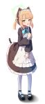  1girl absurdres animal_ear_headphones animal_ears apron blonde_hair blue_archive cat_ear_headphones cat_tail fake_animal_ears fake_tail fang green_eyes halo headphones highres maid maid_apron maid_headdress midori_(blue_archive) midori_(maid)_(blue_archive) official_alternate_costume official_alternate_hairstyle shadow simple_background solo tail white_background whonyang 