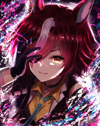  1girl absurdres animal_ears black_gloves blue_necktie brown_hair commentary_request detached_sleeves eye_trail eyepatch gloves hair_over_one_eye hand_over_eye highres horse_ears horse_girl jacket light_trail long_sleeves looking_at_viewer multicolored_hair necktie open_mouth pendant_choker shirt short_hair sleeveless sleeveless_jacket smile solo streaked_hair tanino_gimlet_(embodiment_of_keravnos)_(umamusume) tanino_gimlet_(umamusume) teeth umamusume upper_body white_hair ya-ya yellow_eyes yellow_shirt 