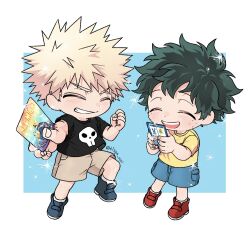  1boy 2boys all_might bakugou_katsuki black_shirt blonde_hair blue_shoes blue_shorts blush boku_no_hero_academia brown_shorts card clenched_hand closed_eyes freckles green_hair happy highres holding holding_card male_focus midoriya_izuku multiple_boys open_mouth red_shoes shirt shoes short_hair shorts simple_background skull_print smile spiky_hair teeth tisya_no1 white_background yellow_shirt 