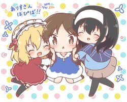  3girls :d ^_^ black_hair black_hairband black_pantyhose black_socks blonde_hair blue_dress blue_shirt blush brown_eyes brown_shoes brown_skirt chestnut_mouth closed_eyes commentary_request dress frilled_hairband frills girl_sandwich hair_between_eyes hairband idolmaster idolmaster_cinderella_girls kneehighs layered_sleeves long_sleeves mitarashi_neko multicolored_polka_dots multiple_girls pantyhose parted_lips pleated_skirt polka_dot polka_dot_background puffy_long_sleeves puffy_short_sleeves puffy_sleeves red_dress red_shoes sagisawa_fumika sakurai_momoka sandwiched shirt shoes short_over_long_sleeves short_sleeves skirt smile socks tachibana_arisu translation_request white_background white_hairband white_socks 