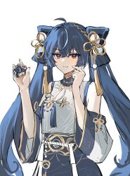  1girl :t artist_request bare_shoulders blue_hair bun_cover china_dress chinese_clothes chinese_commentary closed_mouth commentary_request dress hair_between_eyes hair_bun highres iuno_(wuthering_waves) long_hair pout simple_background white_background wuthering_waves 