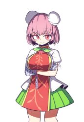 1girl arms_under_breasts bandaged_arm bandages blush breasts bun_cover closed_mouth commentary_request commission cowboy_shot crossed_arms double_bun green_skirt hair_bun hh highres ibaraki_kasen large_breasts looking_at_viewer miniskirt pink_eyes pink_hair pixiv_commission red_tabard shirt short_hair short_sleeves simple_background skirt smile solo tabard touhou white_background white_shirt 