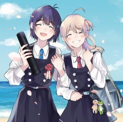  2girls :d ^_^ ahoge amano_konatsu antenna_hair artist_name bag bag_charm belt black_dress blue_necktie blue_sky blush buttons charm_(object) closed_eyes collared_shirt copyright_name cover cover_page day diploma diploma_tube double-breasted dress facing_viewer falling_petals flower frog graduation grey_hair grin hagino_makoto hair_ribbon hand_up hands_up happy highres holding holding_diploma honami_koyuki locked_arms long_hair long_sleeves manga_cover missing_commentary mole mole_under_eye multiple_girls necktie nettaigyo_wa_yuki_ni_kogareru ocean official_art one_side_up open_mouth outdoors petals pinafore_dress purple_hair red_flower red_necktie red_ribbon ribbon salamander school_bag school_uniform shirt short_hair shoulder_bag sky sleeveless sleeveless_dress smile standing tube white_shirt 