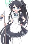  1girl absurdly_long_hair apron aris_(blue_archive) aris_(maid)_(blue_archive) black_dress black_hair blue_archive blue_eyes blue_ribbon blush commentary_request dress flat_chest frilled_apron frills green_halo halo hand_on_own_hip highres holding holding_mop long_hair looking_at_viewer maid maid_apron maid_headdress medium_dress mop neck_ribbon open_mouth parted_bangs ponytail puffy_short_sleeves puffy_sleeves ribbon short_sleeves simple_background solo thigh-highs tsumiki_sata very_long_hair white_apron white_background white_thighhighs wrist_cuffs 