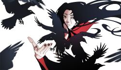  1boy akatsuki_uniform bird bird_on_hand black_hair black_nails crow facial_mark floating_hair flock_of_birds highres hkzvart lineart long_hair naruto_(classic) naruto_(series) naruto_shippuuden reaching red_eyes solo uchiha_itachi upper_body 