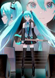  1girl ankle_boots aqua_belt aqua_eyes aqua_hair aqua_necktie aqua_trim belt black_boots black_skirt black_sleeves black_thighhighs boots breasts bright_pupils closed_mouth collared_shirt commentary contrast_collar detached_sleeves dot_nose earphones earphones electric_guitar full_body grey_shirt guitar hair_between_eyes hair_ornament hatsune_miku hatsune_miku_(vocaloid6) heart heart_hair_ornament highres holding holding_guitar holding_instrument instrument long_hair long_sleeves looking_at_viewer miniskirt multiple_views necktie number_tattoo piano_print pleated_skirt shirousa_2943 shirt sidelocks skirt sleeveless sleeveless_shirt small_breasts smile stairs standing striped_clothes striped_shirt tattoo thigh-highs tie_clip twintails untucked_shirt vertical-striped_clothes vertical-striped_shirt very_long_hair vocaloid white_pupils wireless_earphones zettai_ryouiki zipper_footwear zoom_layer 