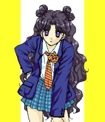  1girl bishoujo_senshi_sailor_moon black_hair blazer blue_jacket blue_skirt breasts character_request closed_mouth collared_shirt commentary_request cowboy_shot curly_hair diagonal-striped_clothes diagonal-striped_necktie hair_bun hand_on_own_hip jacket jaggy_lines lapels leaning_forward light_blush long_hair lowres luna_(sailor_moon) luna_(sailor_moon)_(human) miniskirt necktie notched_lapels outside_border outstretched_arm parted_bangs pillarboxed plaid_clothes plaid_skirt pleated_skirt quad_buns school_uniform sere_(fuko_sere) shirt skirt small_breasts solo standing straight-on striped_clothes striped_necktie very_long_hair violet_eyes white_background white_shirt 
