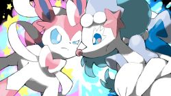  aqua_sclera blacknirrow closed_mouth colored_sclera commentary crossed_arms eyelashes forehead-to-forehead glaring heads_together highres looking_at_another pokemon pokemon_(creature) pokemon_focus primarina split_mouth star_(symbol) sylveon white_eyes 