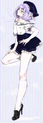  1boy anchor_symbol aro9mag beret black_shoes blue_bow blue_hat blue_skirt blue_trim bow bowl_cut buttons closed_mouth colored_shadow commentary_request double-breasted foot_up_heel_up frilled_skirt frills from_side full_body gatchaman_crowds glasses green_eyes hand_on_own_hip hand_on_own_thigh hat hat_bow high_heels highres invisible_floor kneehighs male_focus miniskirt necktie ninomiya_rui profile pumps purple_hair sailor_collar semi-rimless_eyewear shadow shoes short_eyebrows short_hair short_sleeves sidelocks sideways_glance skirt smile socks solo standing standing_on_one_leg striped_background trap under-rim_eyewear vertical-striped_background white_necktie white_sailor_collar white_socks 