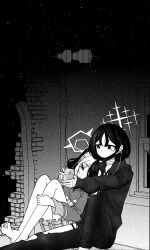  2girls absurdres against_wall bandaged_hand bandaged_neck bandages barefoot blue_archive cellphone closed_mouth commentary earphones english_commentary greyscale halo head_on_another's_shoulder highres holding holding_phone hood hoodie kayoko_(blue_archive) long_sleeves manmaderain mask mask_pull misaki_(blue_archive) monochrome mouth_mask multiple_girls pants phone shared_earphones short_hair sitting skirt smartphone sound_wave toes torn_clothes torn_pants yuri 