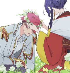  1boy 1girl chinese_clothes commentary_request corset couple dress earrings epaulettes flower gauma gridman_universe hair_bun hetero highres himagosan jacket jewelry long_hair long_sleeves military_jacket open_mouth princess_(dynazenon) red_hair shirt short_hair ssss.dynazenon white_flower yellow_flower 
