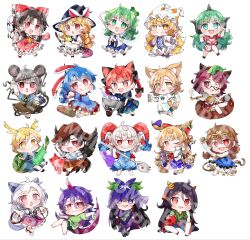  6+girls animal_ear_fluff animal_ears animal_hat antlers apron ascot ball_and_chain_restraint bandana bandana_around_neck barefoot basket bear_trap between_fingers bird black_gloves black_hair black_wings blonde_hair blue_capelet blue_dress blue_hair blue_shirt blue_shorts blue_skirt blue_tabard blue_vest blush bo_staff bow braid broom broom_riding brown_eyes brown_hair brown_hat brown_horns brown_shirt capelet cat_ears chibi chibi_only circlet clone closed_mouth cloud_print commentary_request cone_horns cowboy_hat cuffs curly_hair detached_sleeves dog_ears dog_girl dog_tail dowsing_rod dragon_girl dragon_horns dragon_tail dress dual_wielding eagle eagle_spirit_(touhou) earclip extra_ears feathered_wings fire flaming_skull flower flower_on_head food_print fox_ears fox_girl fox_tail frilled_bow frilled_hair_tubes frilled_skirt frills frog_hair_ornament fruit_print full_body fur-tipped_tail futatsuiwa_mamizou glasses gloves gohei gold_circlet gourd grape_print green_dress green_eyes green_hair green_scales green_shirt green_shorts green_tail grey_hair hair_between_eyes hair_bow hair_ornament hair_tubes hakurei_reimu hat hat_with_ears highres holding holding_gohei holding_mallet holding_ofuda holding_smoking_pipe holding_spork holding_test_tube holding_with_tail horn_ornament horn_ribbon horns ibuki_suika jewelry kaenbyou_rin kariyushi_shirt kicchou_yachie kine kirisame_marisa kiseru kitsune kochiya_sanae komainu_girl komano_aunn kudamaki_tsukasa kurokoma_saki leaf leaf_on_head lizard_tail lobelia_(flower) long_hair long_sleeves looking_at_viewer magic mallet mini_person minigirl mitsugashira_enoko mizuni_takenoko mob_cap monkey_girl monkey_tail mouse_ears mouse_girl mouse_tail multicolored_dress multicolored_hair multiple_girls multiple_tails nazrin necklace nippaku_zanmu off-shoulder_shirt off_shoulder official_alternate_costume ofuda ofuda_between_fingers one_eye_closed oni open_mouth orange_skirt otter otter_spirit_(touhou) oversized_object paw_pose paw_print paw_print_pattern pendant pink_horns pink_tail pointy_ears prehensile_tail purple_dress purple_hair rabbit_ears rabbit_girl raccoon_ears raccoon_girl raccoon_tail red_bow red_eyes red_hair red_horns red_shirt red_skirt red_sleeves ribbon ribbon-trimmed_sleeves ribbon_trim romper sample_watermark seiran_(touhou) shackles sharp_teeth sheep_horns shirt short_hair short_sleeves shorts side_braid simple_background single_braid single_detached_sleeve single_hair_tube single_horn skirt skirt_set skull smile smoking_pipe snake_hair_ornament son_biten spork square_neckline star-shaped_pupils star_(symbol) symbol-shaped_pupils syringe tabard tail teeth tenkajin_chiyari test_tube touhou toutetsu_yuuma turtle_shell twin_braids two-tone_hair unfinished_dream_of_all_living_ghost very_long_hair very_long_tail vest vine_print violet_eyes waist_apron watermark wheelbarrow white_apron white_background white_bandana white_romper white_shirt white_shorts wings witch_hat wolf wolf_spirit_(touhou) yakumo_ran yellow_ascot yellow_dress yellow_eyes yellow_horns yomotsu_hisami 