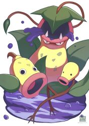  :o acid artist_logo artist_name bellsprout black_eyes bubble commentary_request fangs hibun_tsukasa highres leaf logo no_humans pitcher_plant plant plant_monster poison_type_theme_(pokemon) pokemon pokemon_(creature) simple_background spitting thick_lips victreebel weepinbell white_background 