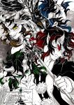  4boys :p absurdres aizetsu_(kimetsu_no_yaiba) black_hair blue_eyes blue_hair colored_sclera cracked_skin demon demon_boy demon_horns fangs feathered_wings fingernails fire_breath1 furrowed_brow green_eyes green_hair greyscale highres holding holding_staff horns japanese_clothes karaku_(kimetsu_no_yaiba) kimetsu_no_yaiba kimono long_hair looking_at_another male_focus monochrome multicolored_hair multiple_boys oni oni_horns open_mouth partially_colored pointy_ears red_eyes redhead sekido_(kimetsu_no_yaiba) smile staff tongue tongue_out twitter_username two-tone_hair upper_body urogi_(kimetsu_no_yaiba) v-shaped_eyebrows wings yellow_eyes 