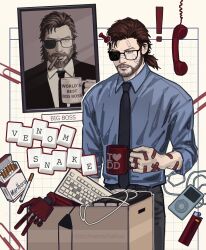  1boy beard cigar commentary english_commentary eyepatch facial_hair highres male_focus mechanical_arms metal_gear_(series) metal_gear_solid_v:_the_phantom_pain prosthesis prosthetic_arm scar scar_across_eye scar_on_face solo tochnonechaikaa venom_snake 